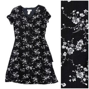 Y2K Dressbarn Floral Mini Dress 10 Black Silver Metallic Slinky Witchy Goth USA